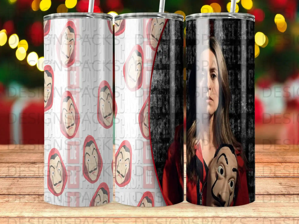 Tumbler with "Money Heist" Salvador Dali mask and character graphic.