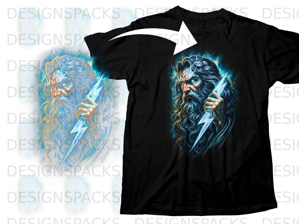 Black t-shirt with a distressed graphic of Zeus holding a lightning bolt.