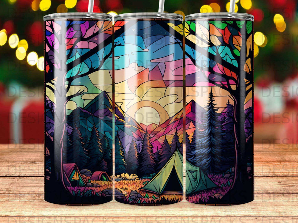 Colorful stained glass mountains and trees with tents and sunrise.