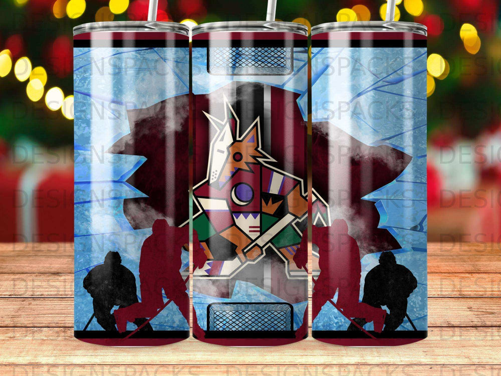 Arizona Coyotes logo with hockey players and ice on a tumbler.