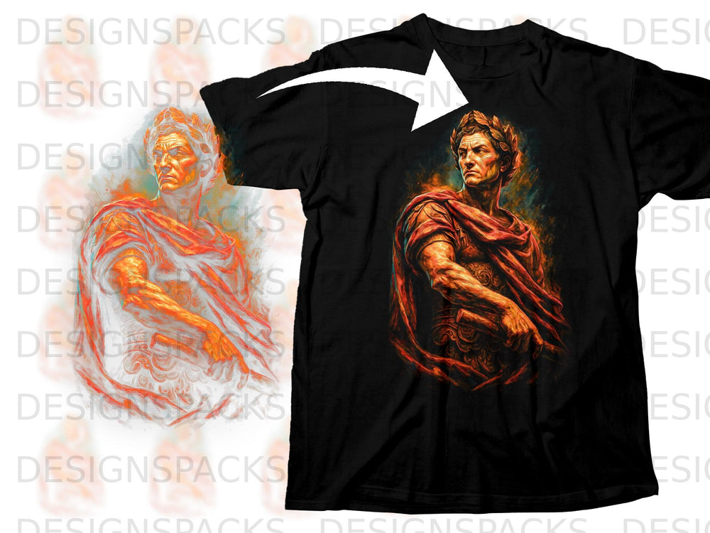 Black t-shirt featuring a Roman emperor graphic in shades of orange and red.
