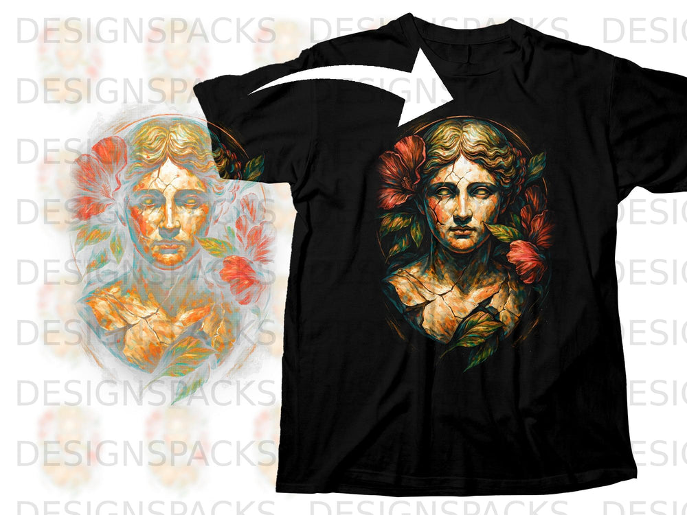 Black t-shirt with distressed ancient statue head and floral graphic.