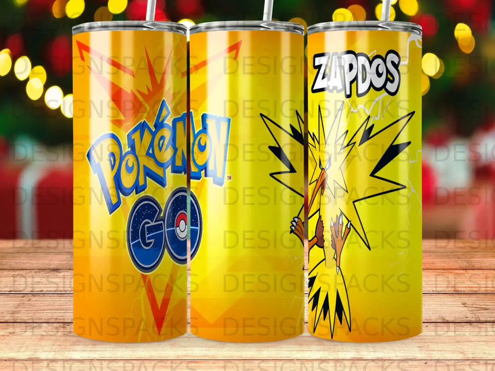 Pokemon Go Zapdos character design on a yellow cylindrical tumbler.