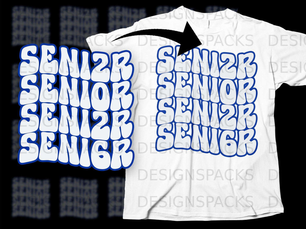 Blue and white "SENIOR" text repeated in a bubbly font on a white t-shirt mockup.