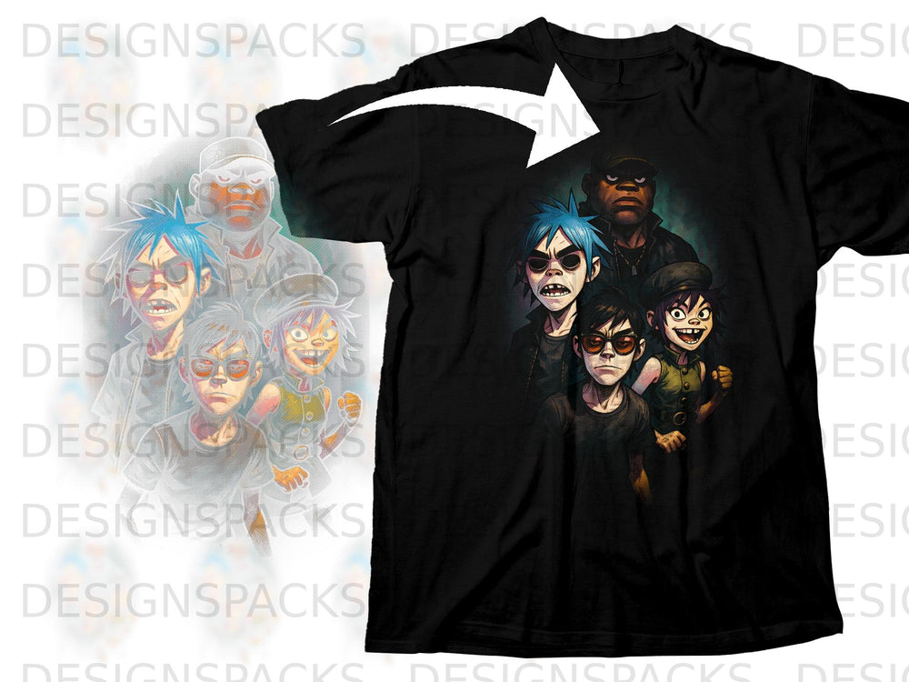 Black t-shirt with a print of the Gorillaz band members in a comic art style.