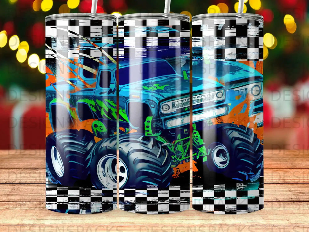 Blue monster truck with checkered pattern and orange accents.