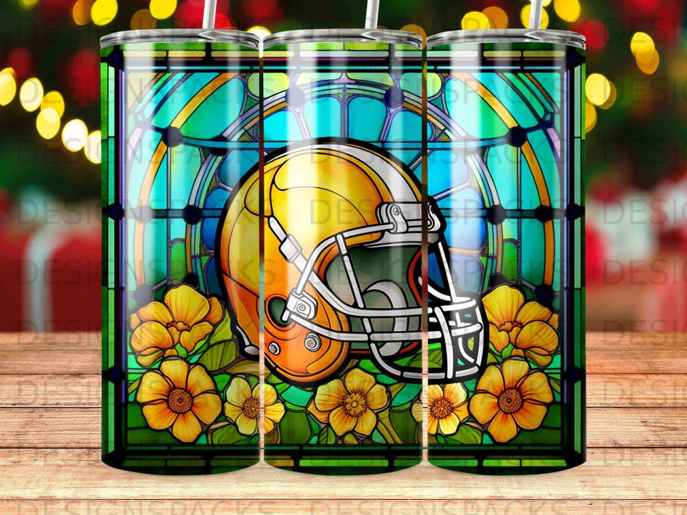 Stained glass design with football helmet and yellow flowers.