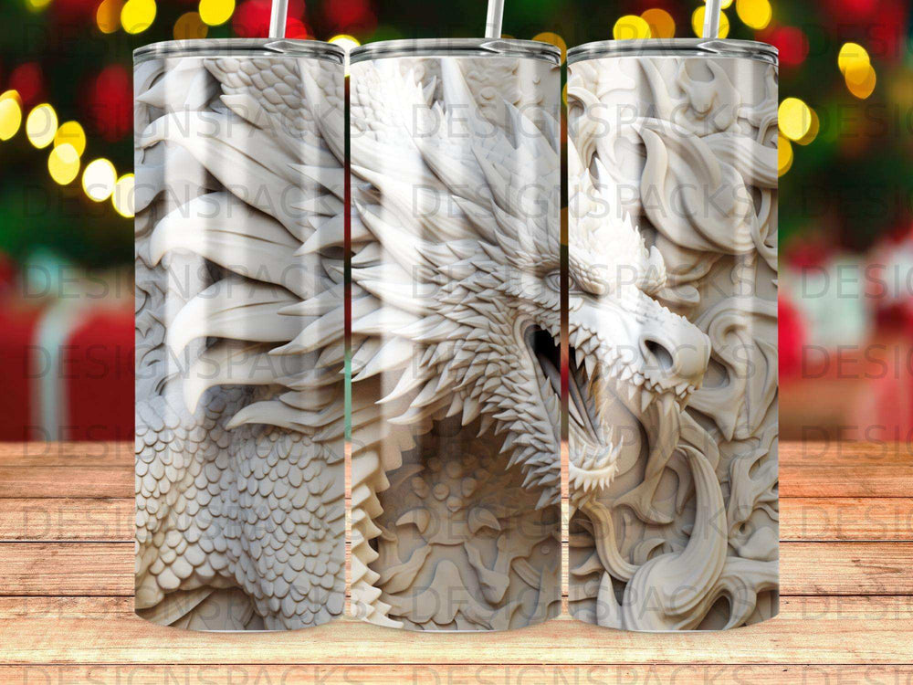 Three white dragon tumblers with intricate scale details against a blurred festive background.