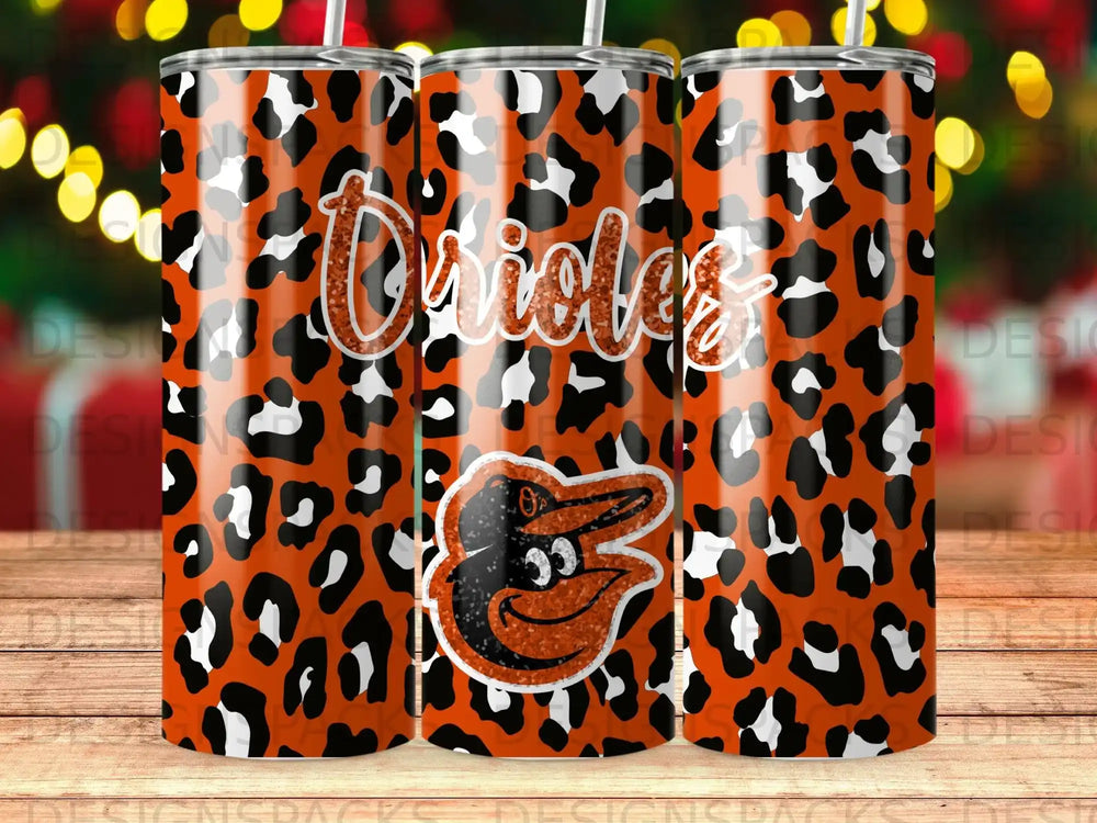 Baltimore Orioles tumbler with orange and black leopard print design.