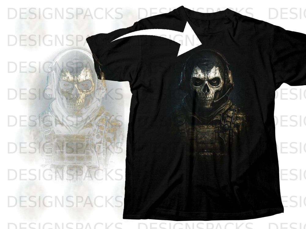 Black t-shirt with a skull wearing headphones and tactical gear graphic.