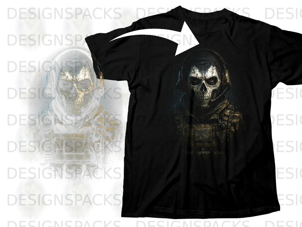Black t-shirt with a skull wearing headphones and tactical gear graphic.