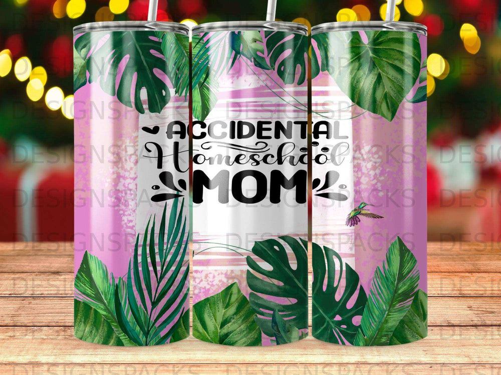 Pink tumbler with tropical leaves and "Accidental Homeschool Mom" text.