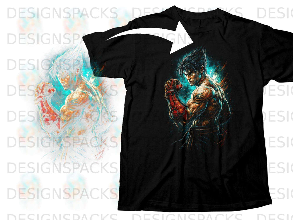 Black t-shirt with a digital illustration of a muscular anime character flexing his fists.
