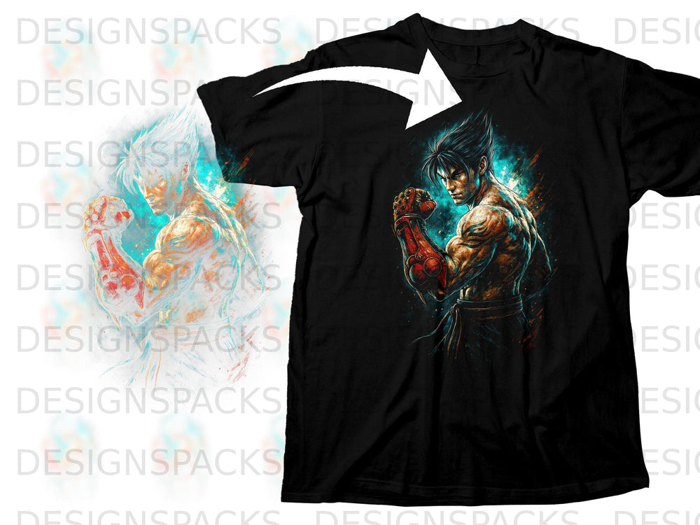 Black t-shirt with a digital illustration of a muscular anime character flexing his fists.