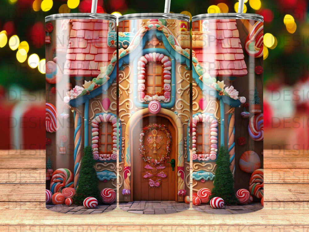 Gingerbread house with candy decorations and wooden planks background.