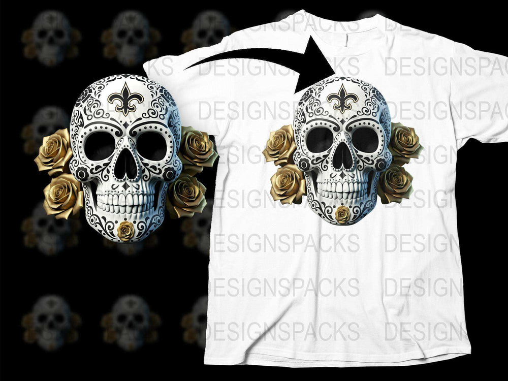 Sugar Skull T-Shirt with Rose Accents, Gothic Floral Skull Graphic Tee, Unisex White Shirt