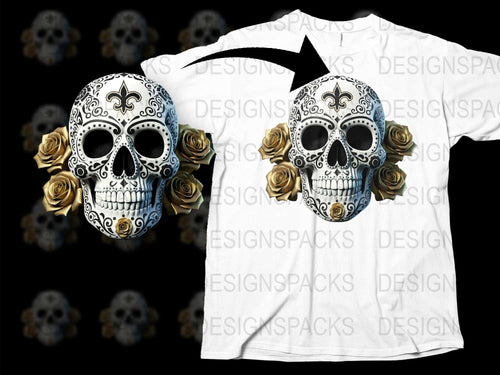 Sugar Skull T-Shirt with Rose Accents, Gothic Floral Skull Graphic Tee, Unisex White Shirt