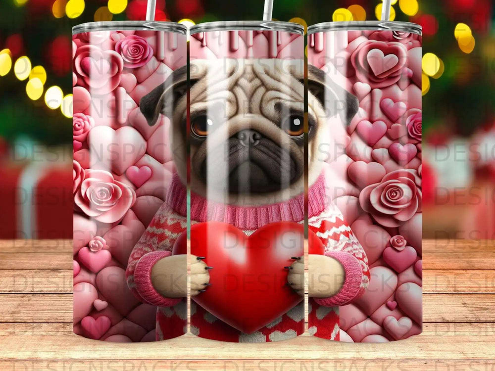 Pug holding a red heart in a pink heart patterned sweater.