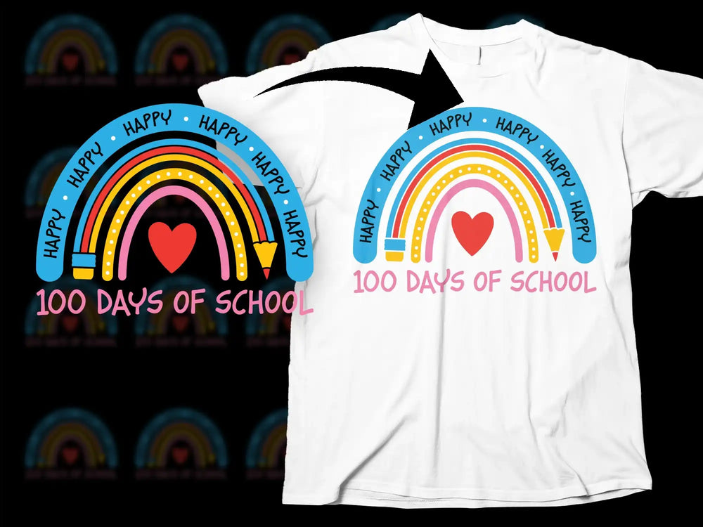 Happy 100 Days of School T-Shirt, Colorful Rainbow and Heart Design, Kids Celebration Tee