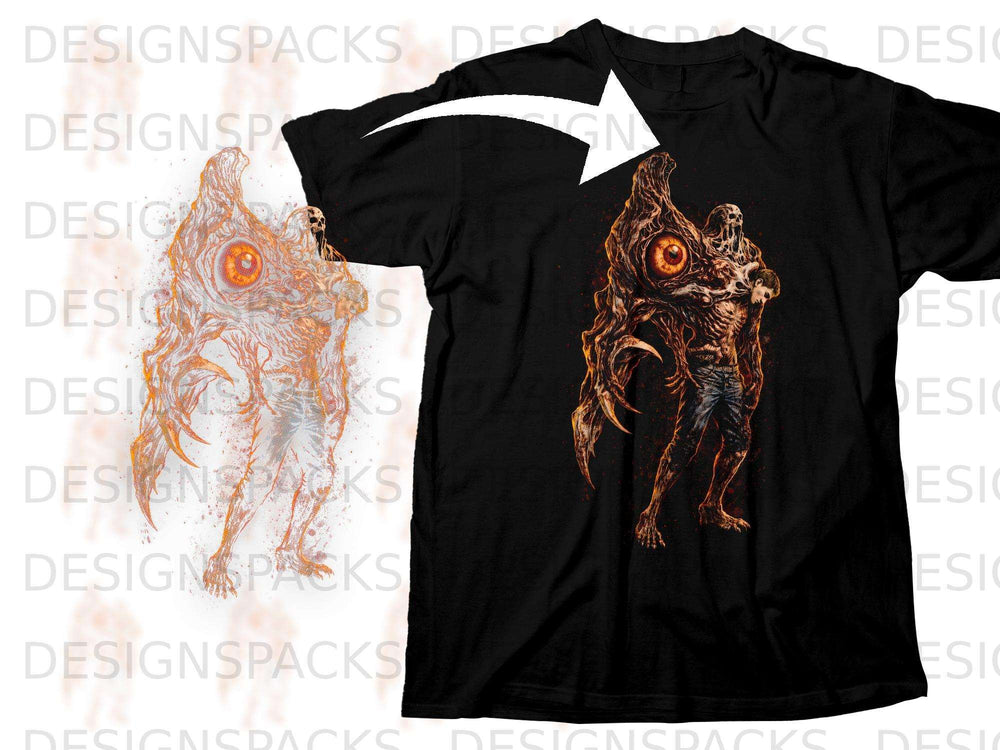 Black t-shirt with a full-body graphic of a monstrous creature with one large eye and sharp claws.