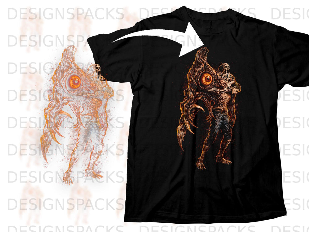 Black t-shirt with a full-body graphic of a monstrous creature with one large eye and sharp claws.