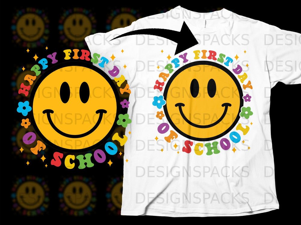 Happy First Day of School smiley face design on a white t-shirt.