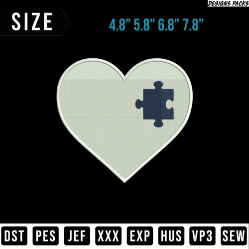 Heart-shaped puzzle piece embroidery design with size options.