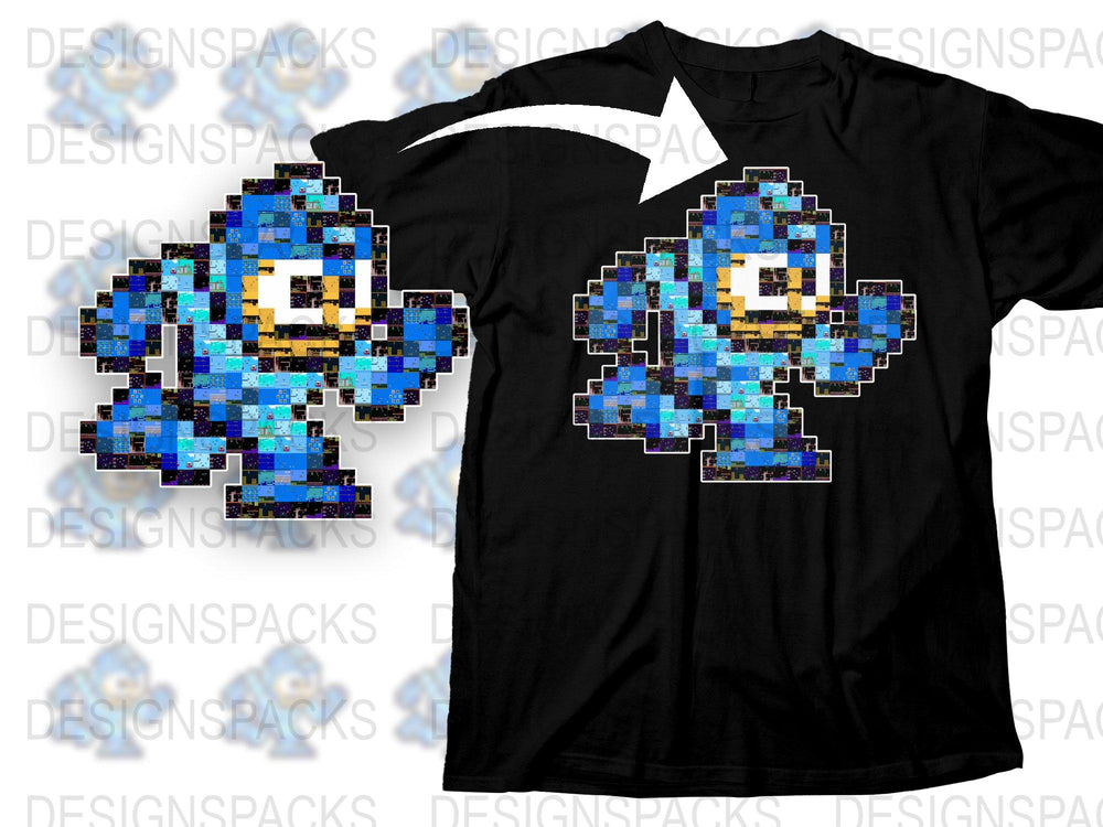 Pixel Art Mega Man Inspired T-Shirt, Retro Video Game Tee, Geek Culture Apparel, Unique Graphic Shirt