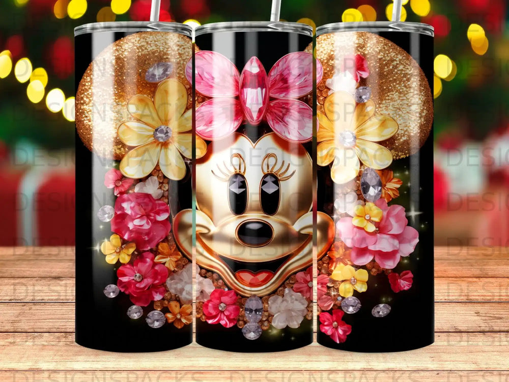 Minnie Mouse with flowers and glitter on a black tumbler.