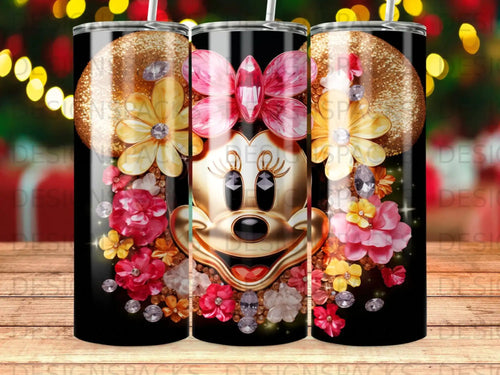Minnie Mouse with flowers and glitter on a black tumbler.