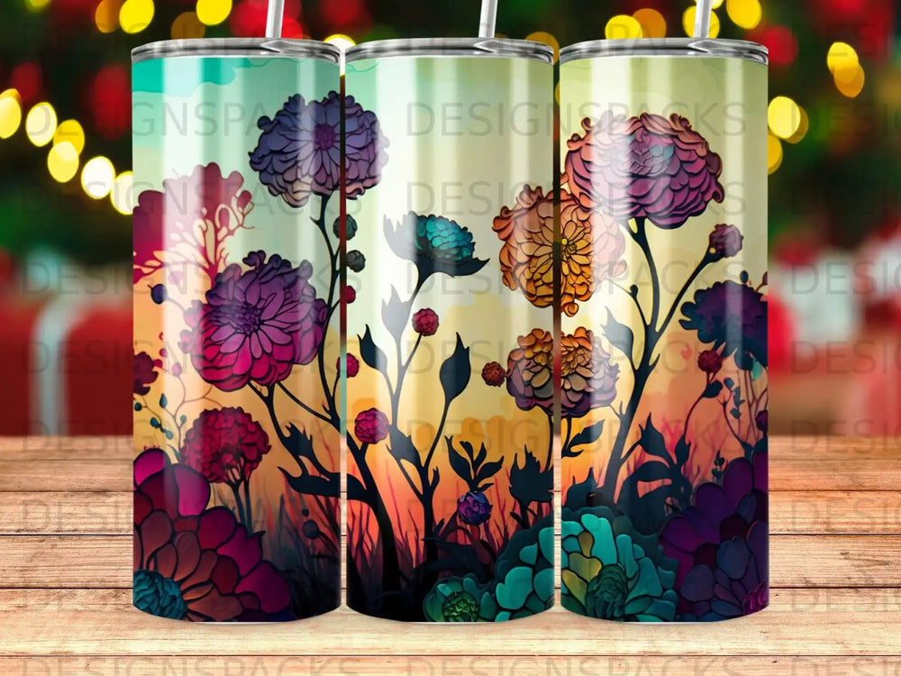Three tumblers with a floral design featuring vibrant purples, blues, and oranges.