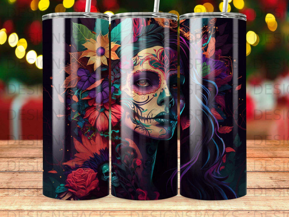 Sugar skull woman with floral accents and vibrant colors.