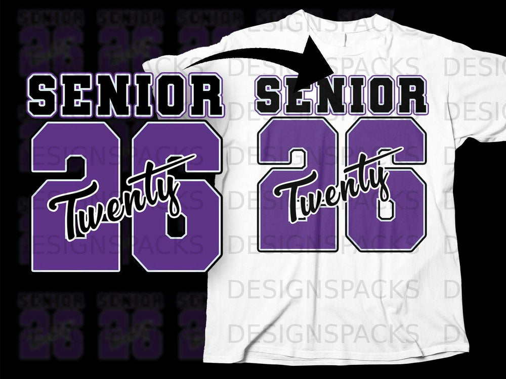 Purple "Senior 26 Twenty" graphic on a white t-shirt.
