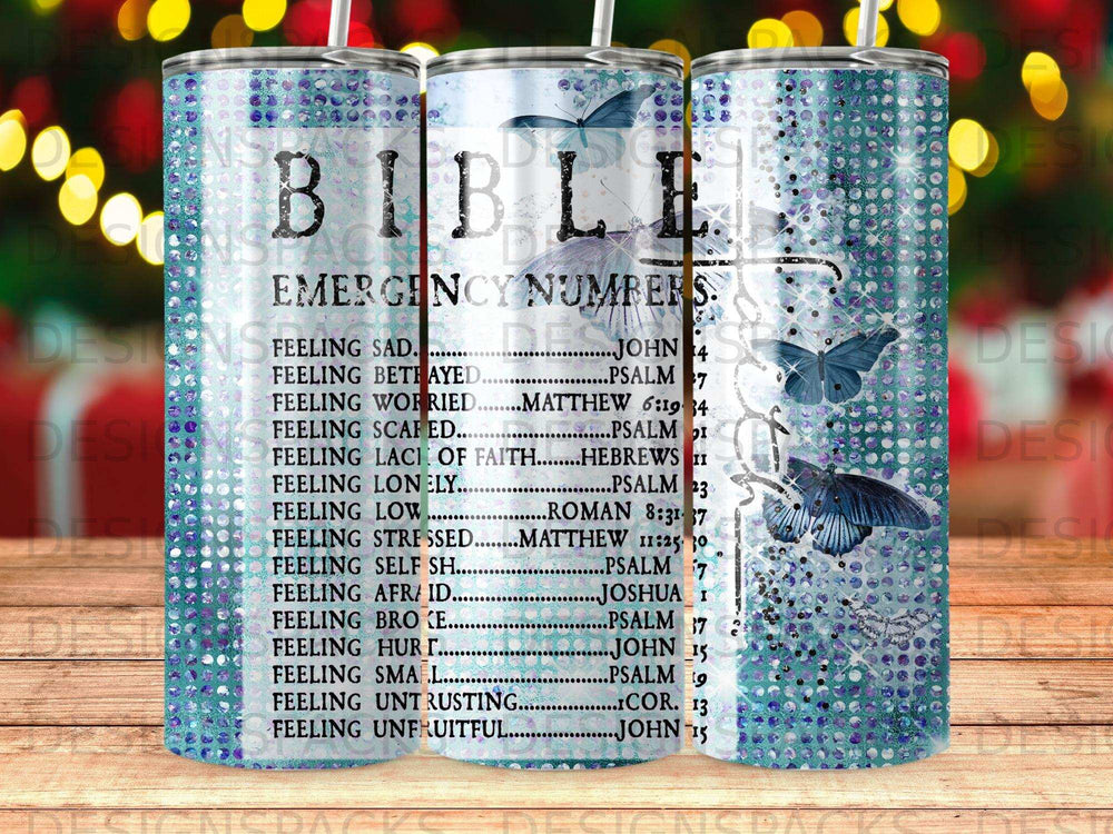 Tumbler with Bible emergency numbers and scripture references.