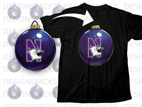 Black t-shirt with a large purple ornament featuring a white wildcat head and the letter 