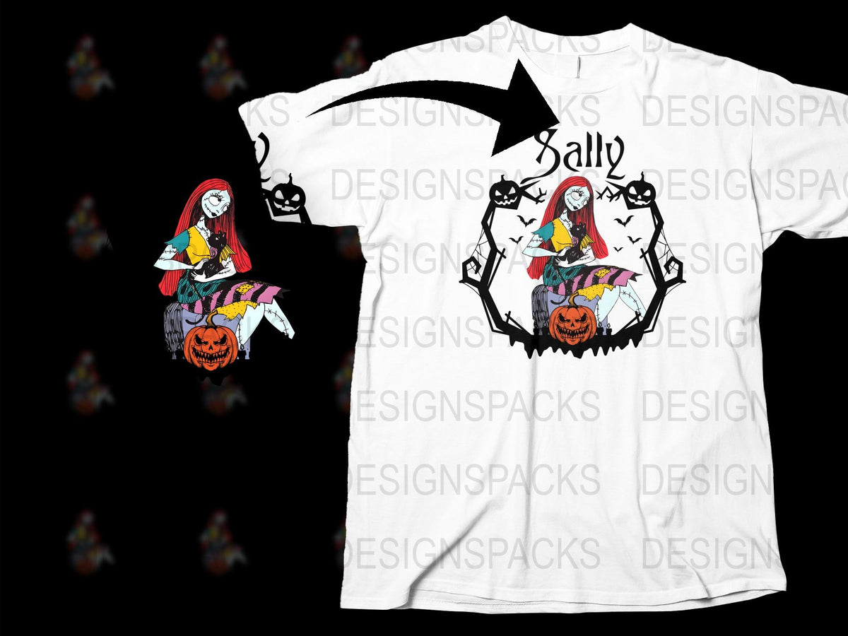 Halloween Witch T-Shirt, Sally Graphic Tee, Pumpkin and Skull Design, Unisex White Casual Top