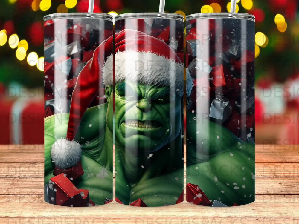 The Hulk wears a Santa hat, gritting his teeth amidst falling red and white shards.