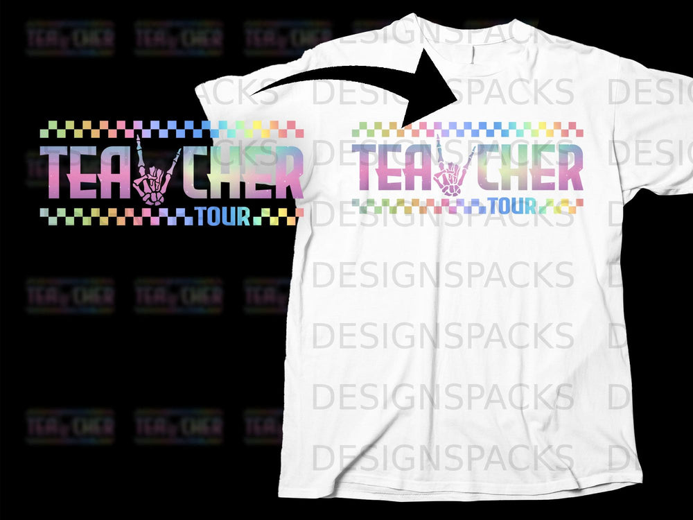 White t-shirt with colorful "TEA CHER TOUR" graphic featuring a skeleton hand.