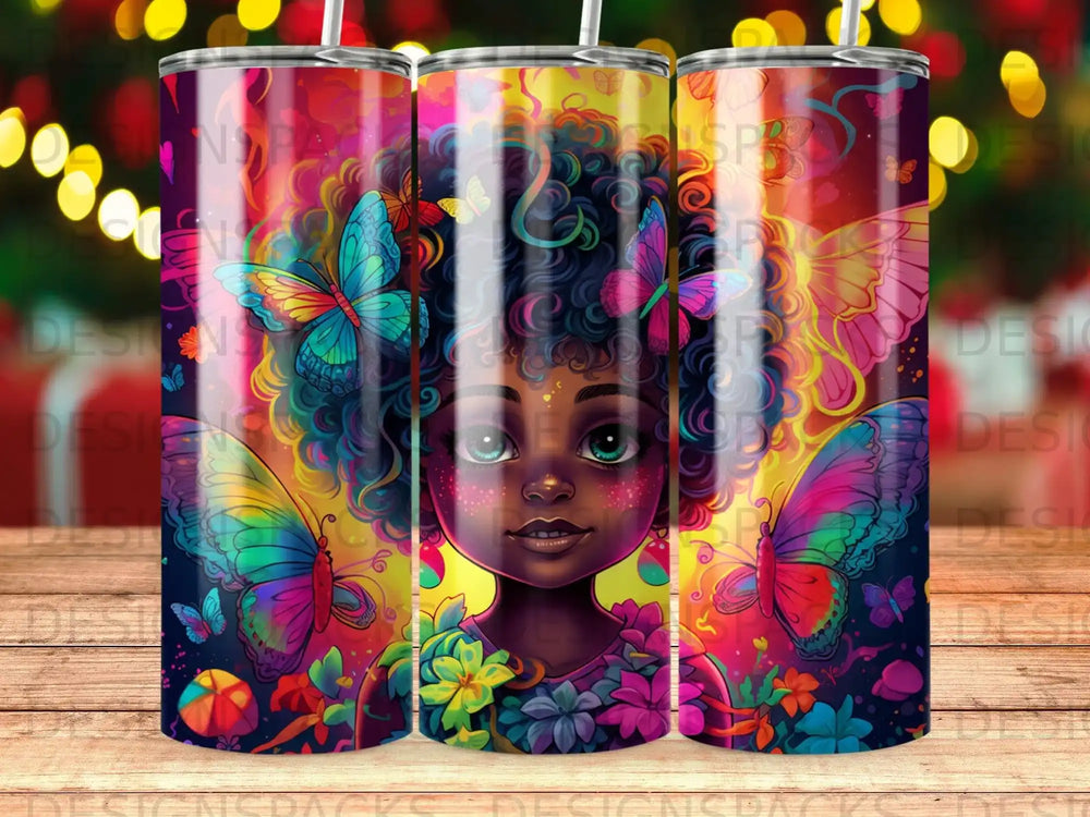 Vibrant tumbler featuring a Black girl with colorful butterfly wings and butterflies.