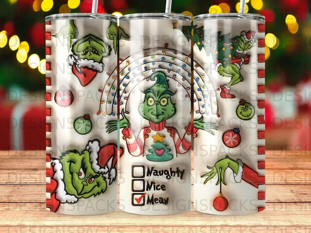 Grinch character with rainbow halo, candy canes, and "Naughty, Nice, Mean" checklist.