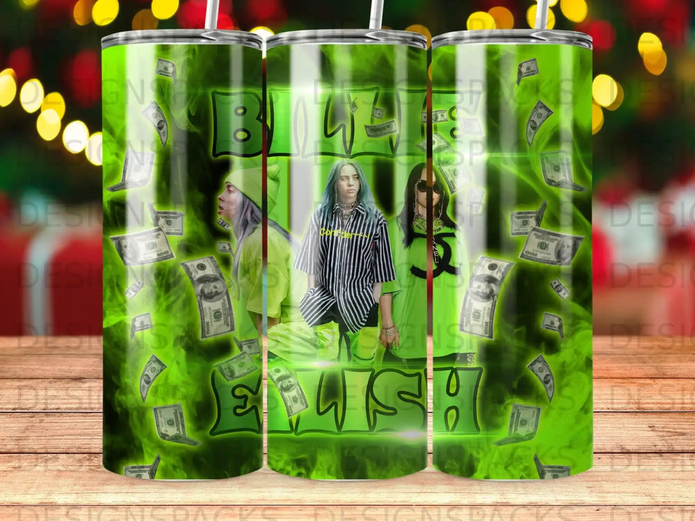 Billie Eilish in a green striped shirt surrounded by money.