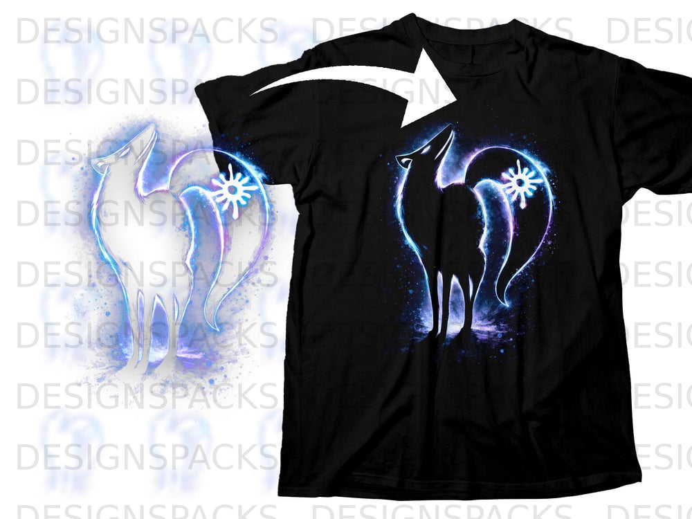 Black t-shirt with a glowing wolf inside a heart-shaped aura.