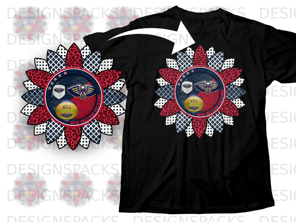 Black t-shirt with a New Orleans Pelicans sunflower graphic and NOLA basketball.