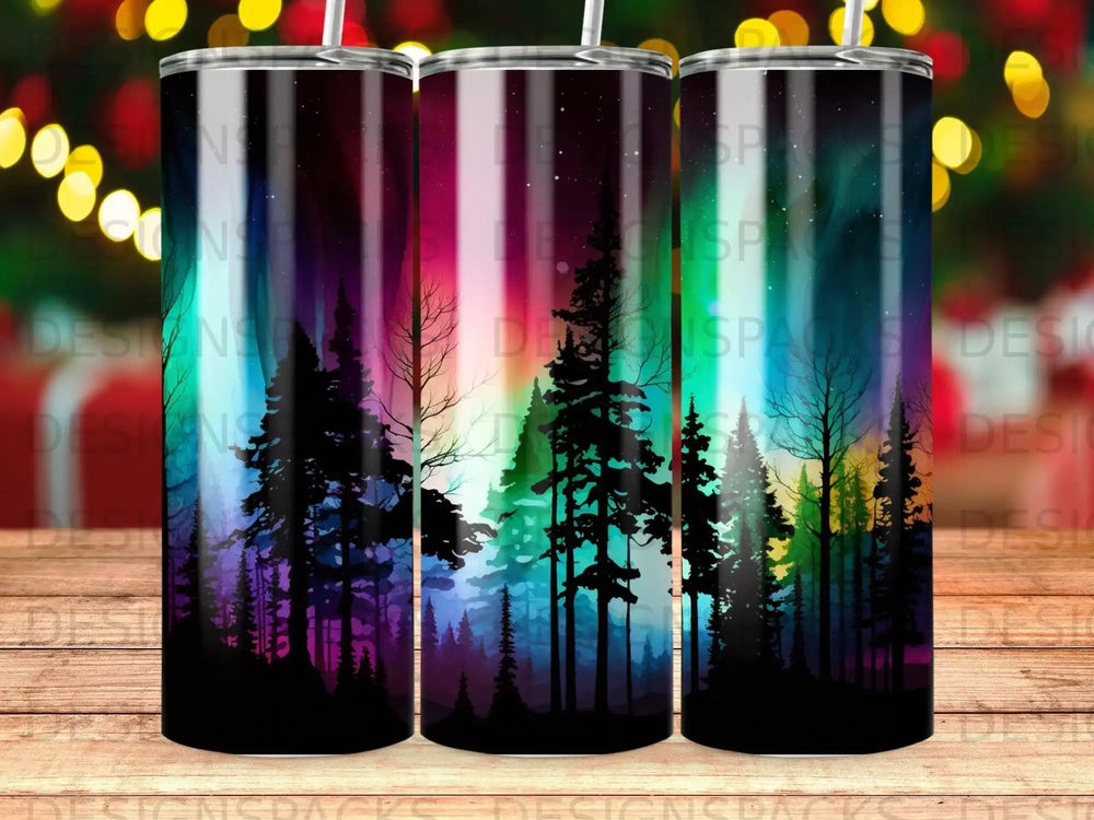 Silhouetted pine trees against a colorful aurora borealis night sky.