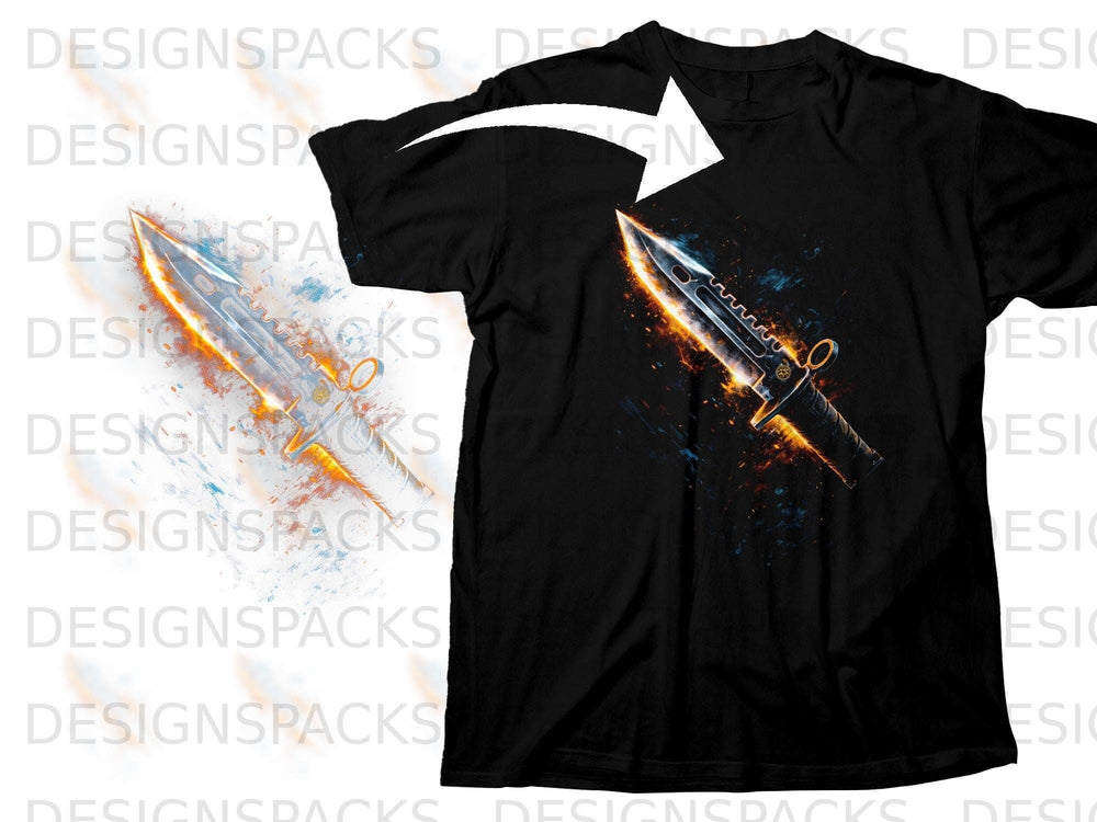 Black t-shirt with a fiery, glowing bayonet knife graphic.