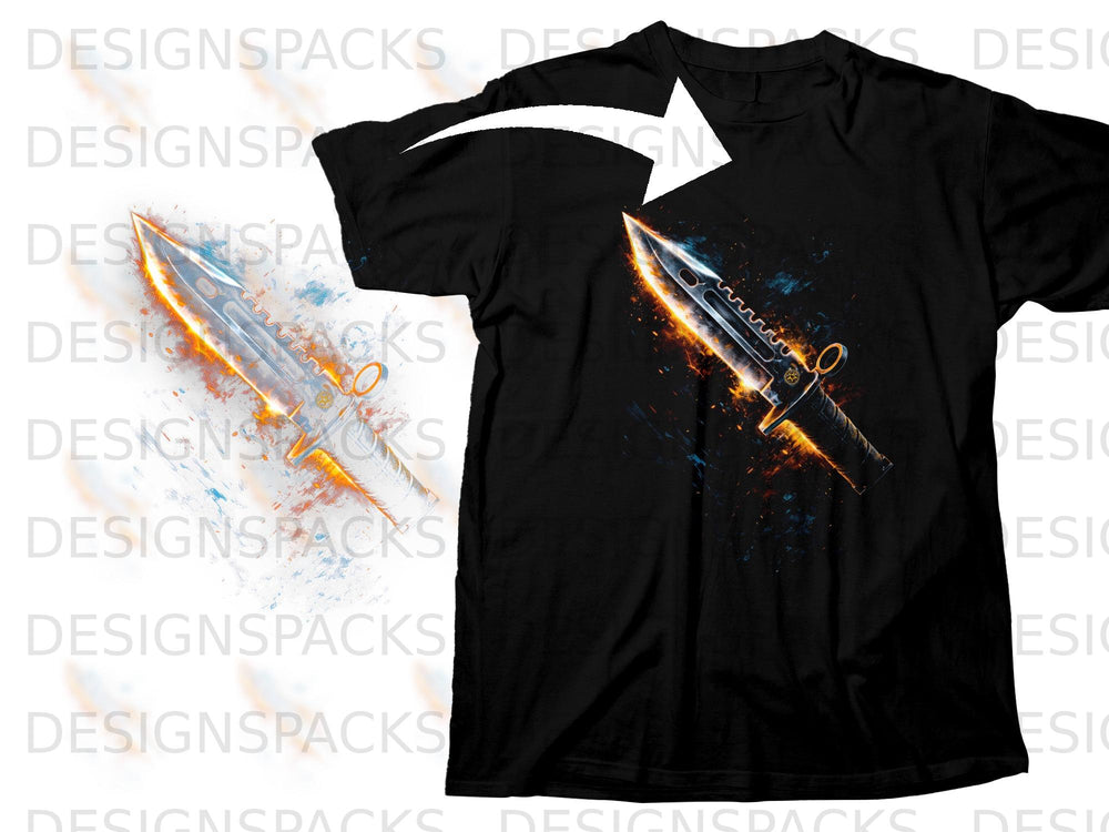 Black t-shirt with a fiery, glowing bayonet knife graphic.