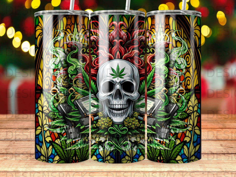 Skull with money and cannabis leaves on a stained-glass background.