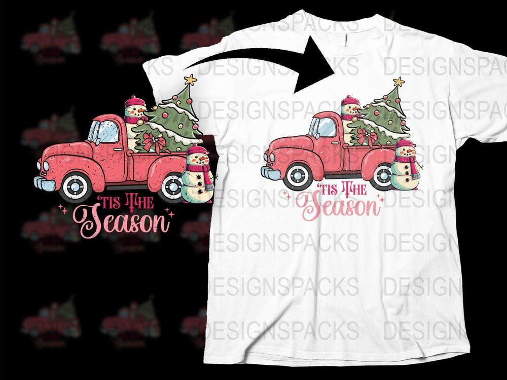 Vintage Red Truck Christmas T-Shirt, Holiday Tee with Tree and Snowman, Festive Seasonal Apparel for Family