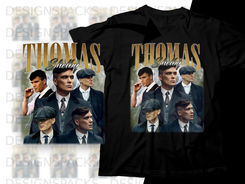Thomas Shelby from Peaky Blinders on a black t-shirt.