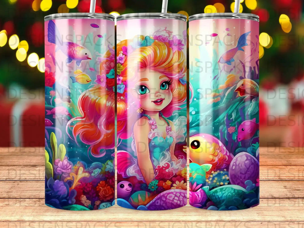 Mermaid with colorful hair and fish in an underwater scene.